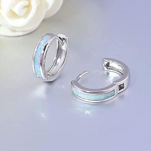 14K White Gold with Genuine White Fire Opal Huggie and Stud Earrings Set of 2 - Picture 3 of 5